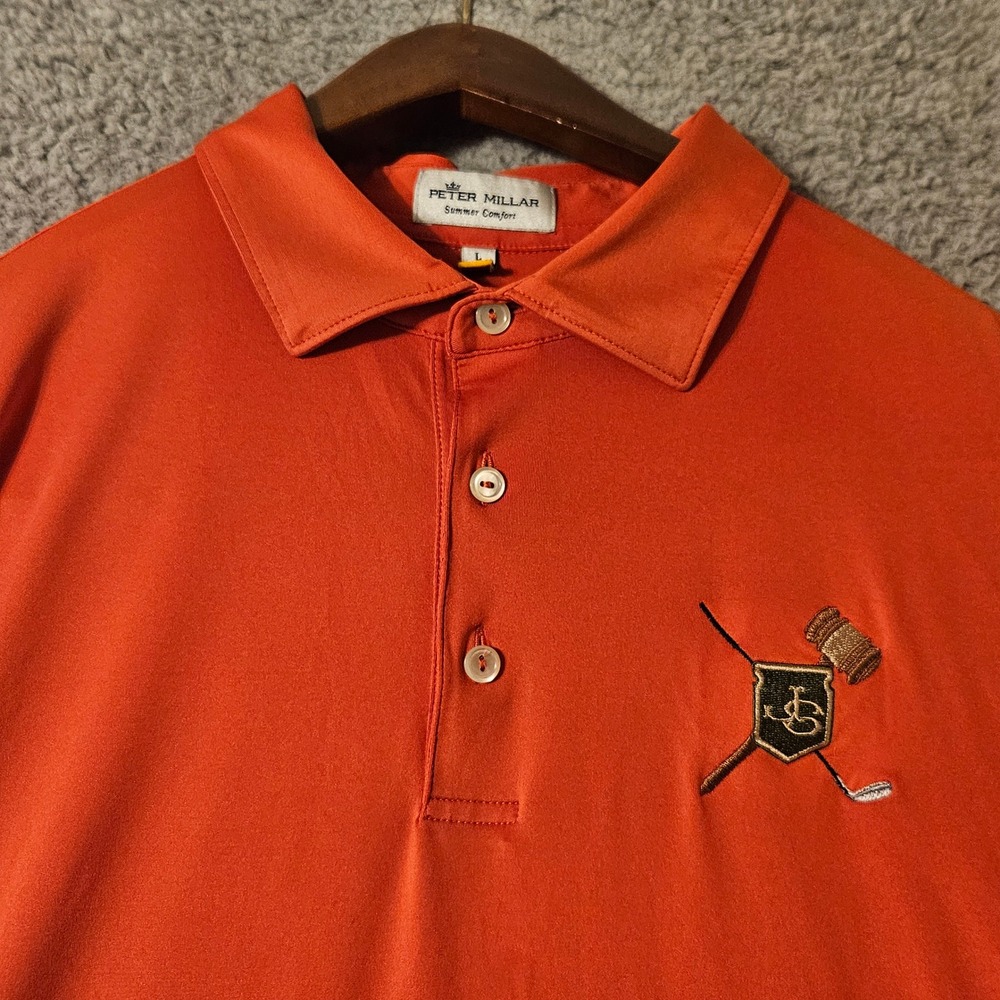 Peter Millar Summer Comfort Mens Large Orange Golf Polo Shirt Gavel Crest Logo